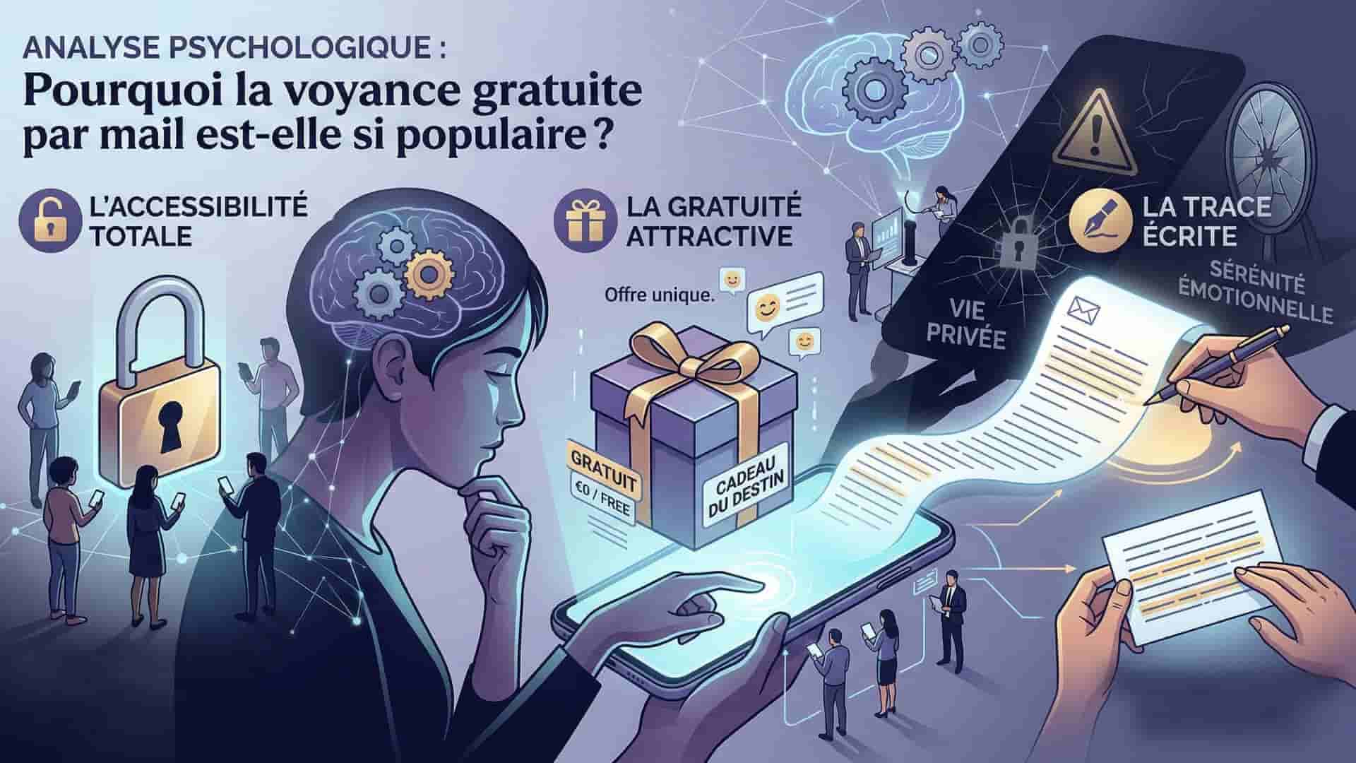 Infographie présentant les leviers de la voyance : accessibilité, gratuité et trace écrite.