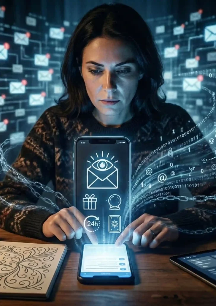 Femme consultant une voyance par mail sur smartphone, entourée d'icônes ésotériques et de flux de données illustrant les dérives marketing de 2026.