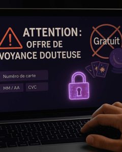 Un ordinateur qui pointe une éventuelle arnaque concernant une plateforme de guidance gratuite.