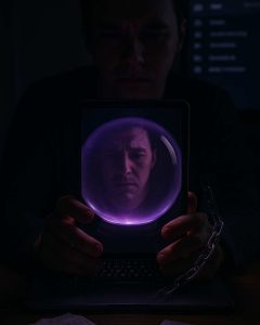 Un homme enfermé dans une boule de cristal violette incapable de prendre une décision sans consulter de voyants.