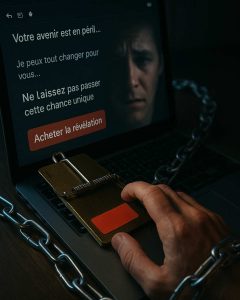 La main d'un homme enchainé sur son ordinateur avec un piège à souris s'il accepte de consulter le site de guidance gratuit.