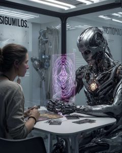 Une femme se faisant lire son avenir par un robot humanoïde.