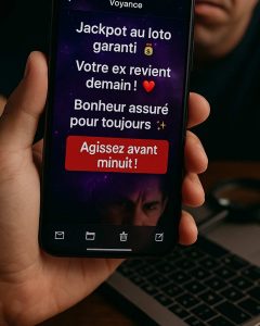Téléphone sur une plateforme de guidance gratuite proposant tout un tat de "promesses" alléchantes qui se révèlent être fausses.