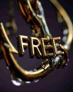 Mot FREE accroché à un crochet doré symbolisant l'appât des plateformes des voyances gratuites pour trouver des clients potentiels.