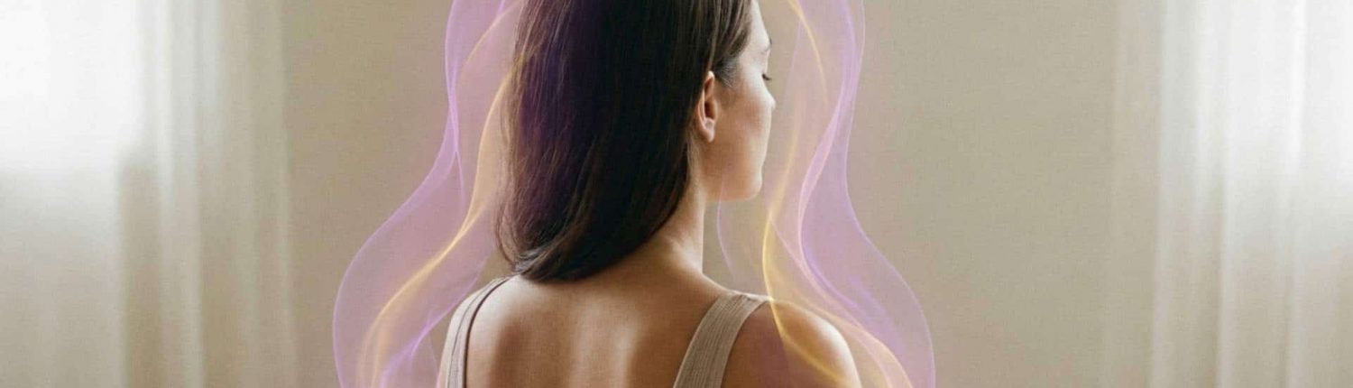Femme en méditation entourée d'une aura violette et jaune, symbolisant l'éveil de la clairvoyance.