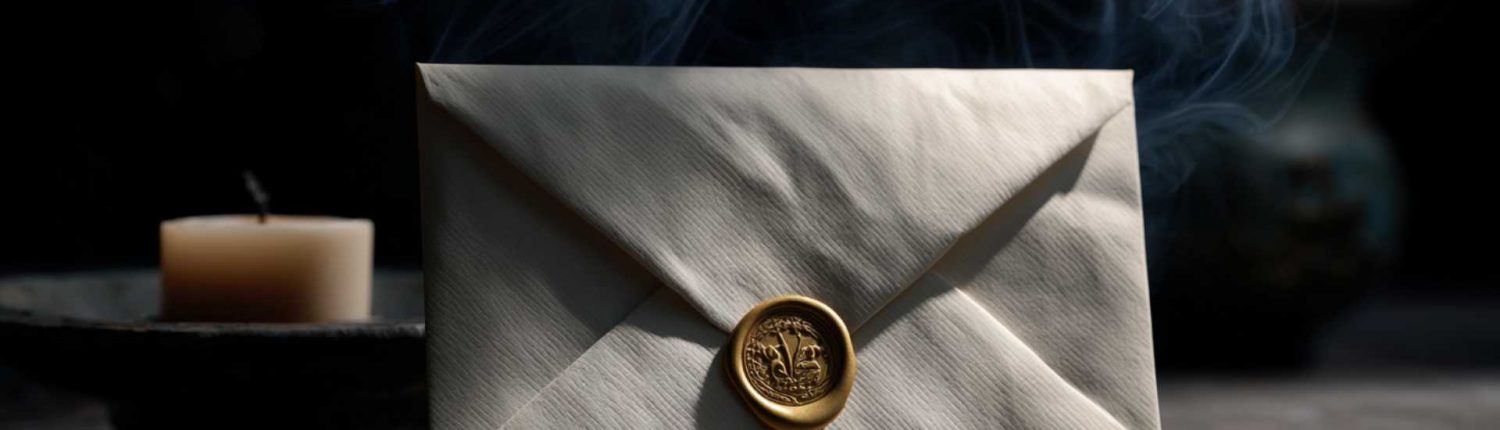 Enveloppe cachetée à la cire dorée posée sur une table avec un stylo et une bougie fumante, illustrant la discrétion et la confiance d’une consultation privée.