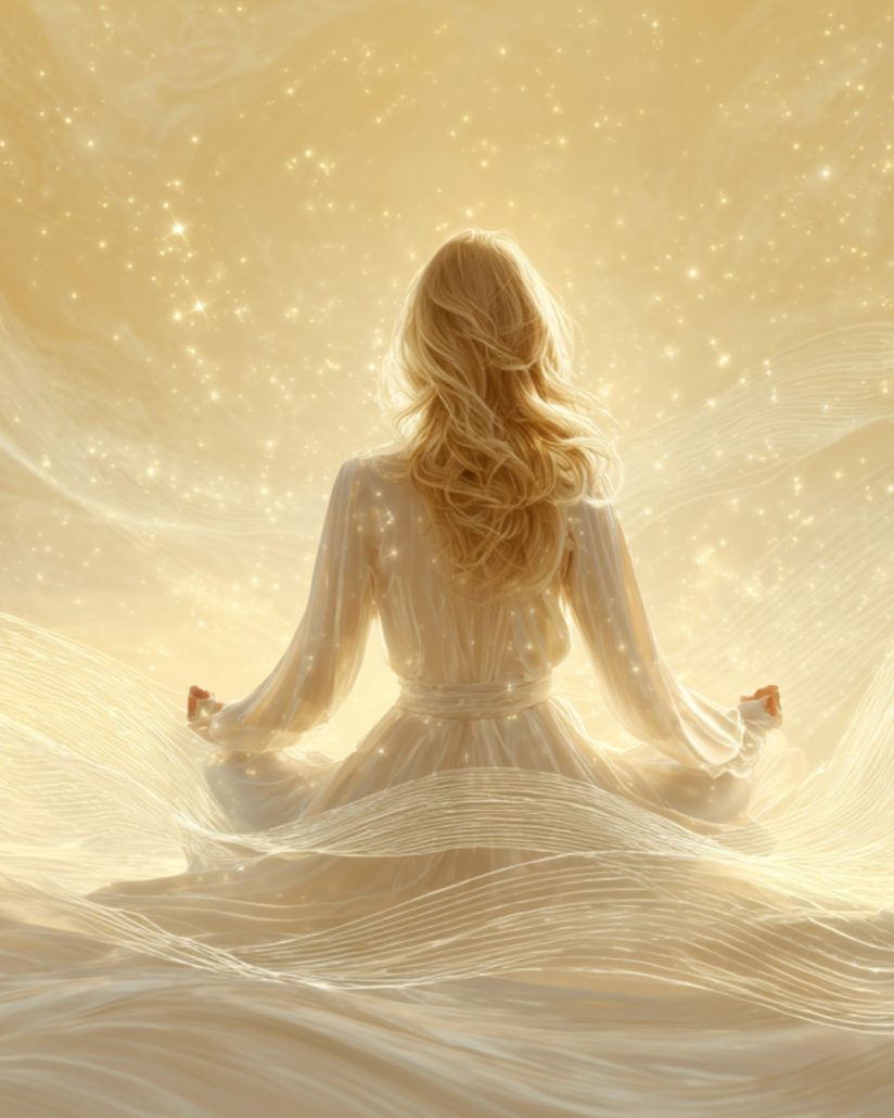 Une femme en robe claire, de dos, en position de méditation, entourée d’un flux lumineux doré, illustrant la clarté, la paix et la pure connexion spirituelle d’une médiumnité maîtrisée.