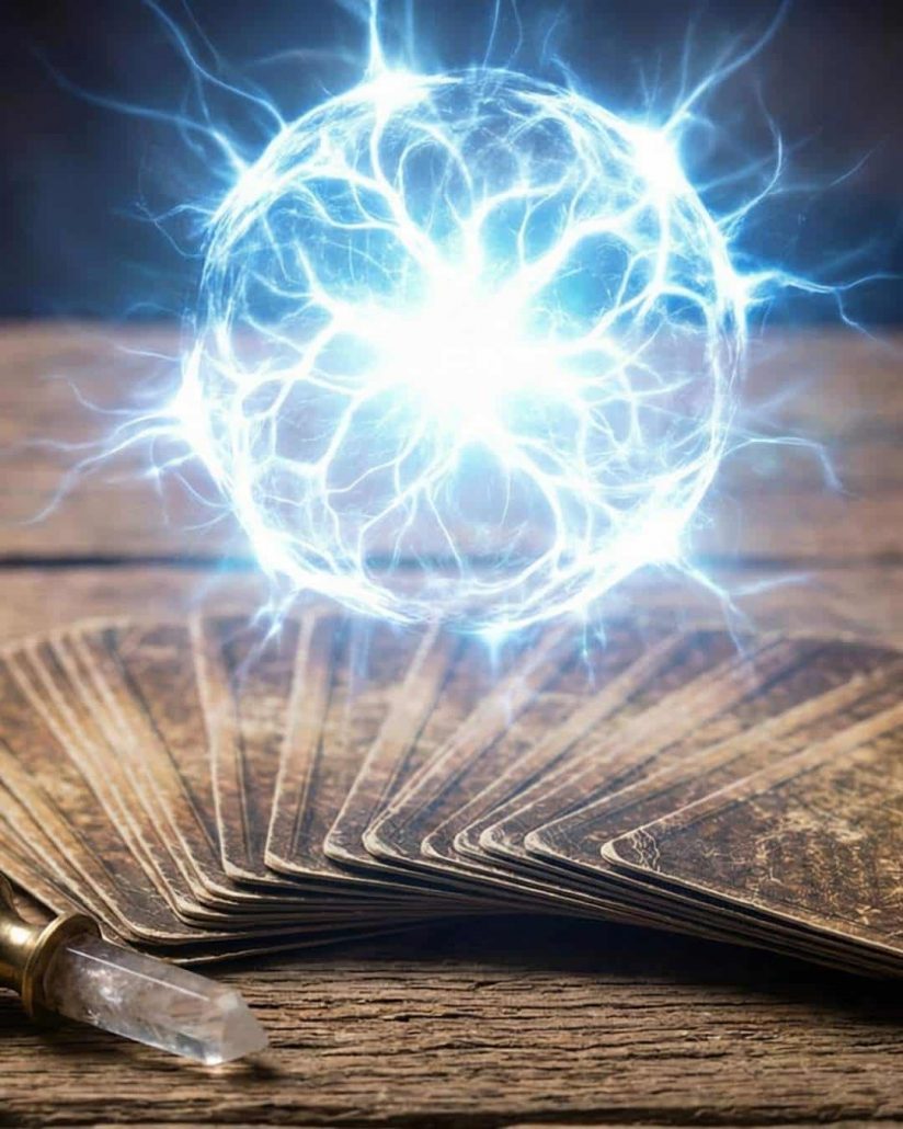 Boule d'énergie lumineuse flottant au-dessus d'un jeu de tarot, montrant l'alliance entre don inné et cartomancie.