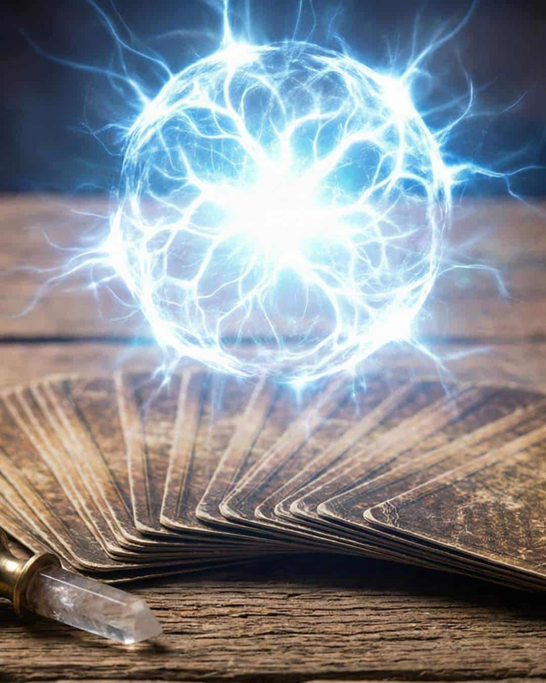 Illustration d’une sphère lumineuse bleue au-dessus d’un éventail de cartes