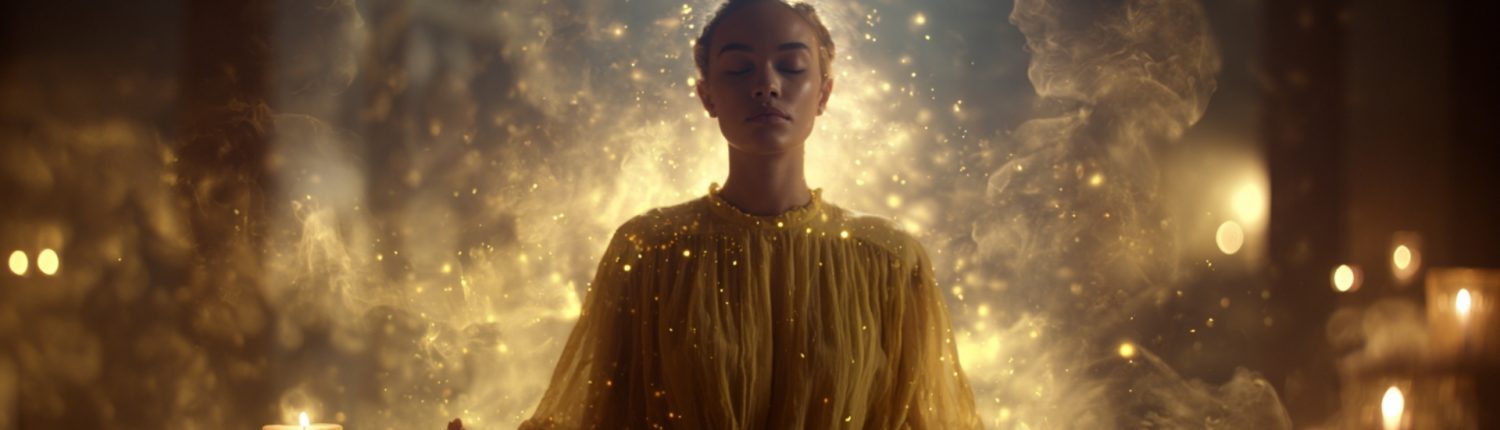 Une femme médite au milieu de bougies et de lumière dorée, symbolisant la connexion directe du médium avec l’invisible sans support matériel.