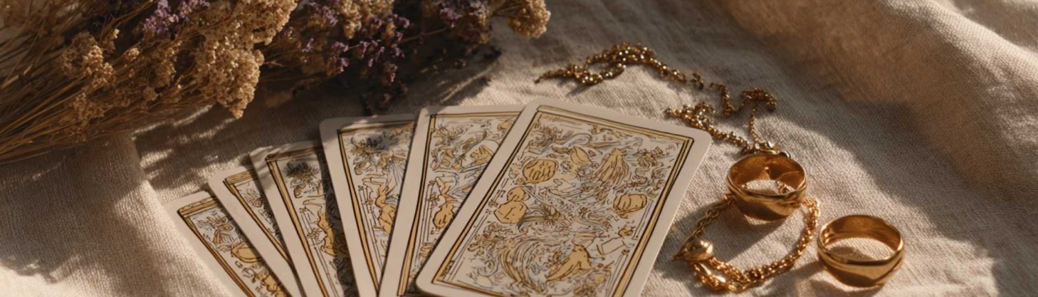 Jeu de cartes dorées disposées sur du lin avec bijoux en or et fleurs séchées, représentant l’Oracle de Belline et la pratique de la voyance sentimentale et spirituelle.