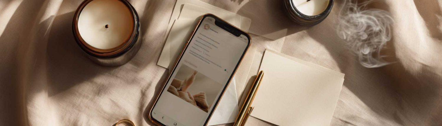 Vue flat lay d’un smartphone, d’une enveloppe crème, de bougies et d’un anneau doré sur tissu beige, représentant l’idée de voyance amoureuse et de guidance sentimentale reçue par courrier électronique