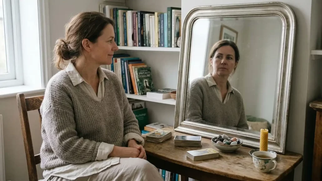 Voyante assise près d'un miroir reflétant un visage sérieux et honnête.