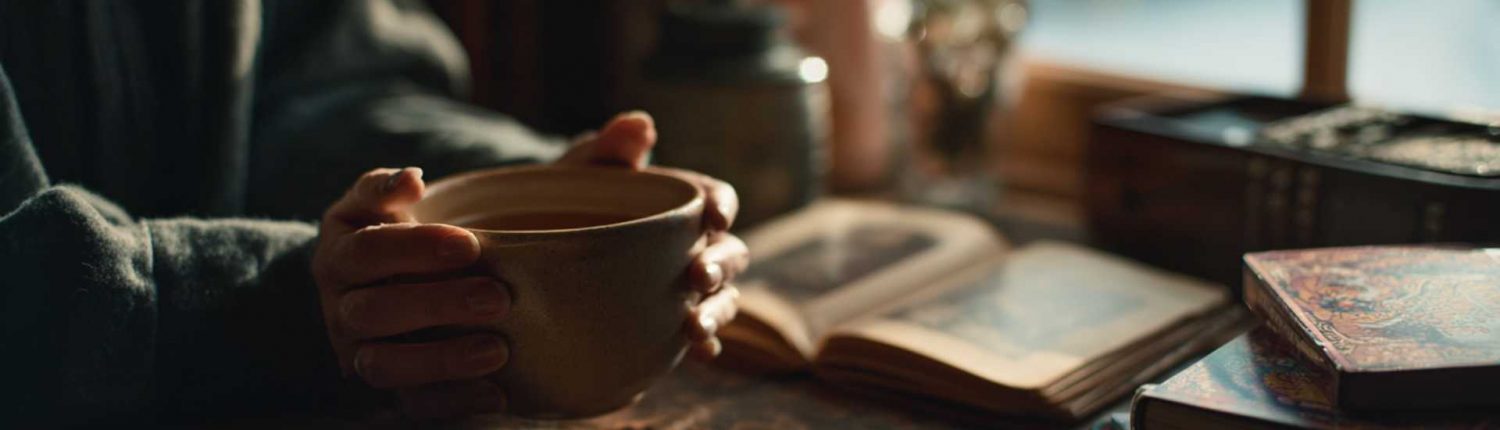 Mains tenant une tasse chaude devant un livre ouvert et des carnets anciens sur une table en bois, symbolisant réflexion et préparation à une séance de voyance.