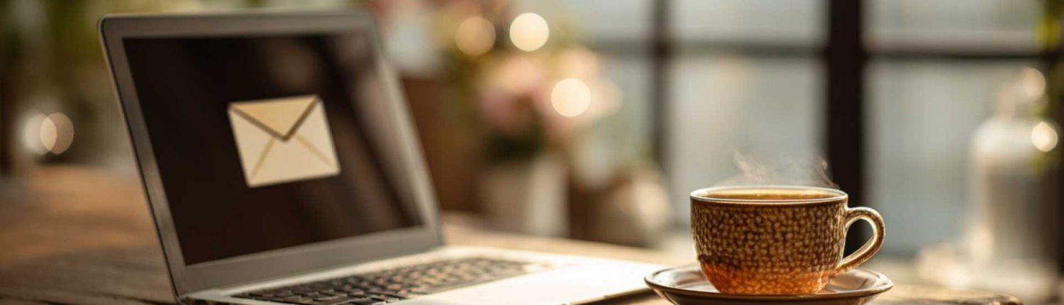 Ordinateur portable affichant une enveloppe d’e-mail avec une tasse de café fumant sur un bureau en bois, symbolisant une consultation amoureuse par mail
