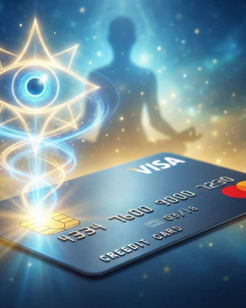 Illustration artistique d'un paiement sécurisé par carte bancaire pour une consultation de voyance