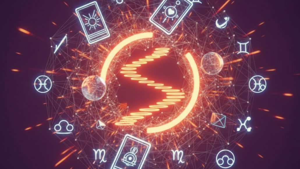 Symbole lumineux entouré de signes astrologiques et de cartes, représentant la puissance des supports divinatoires et leur lien avec les forces célestes.