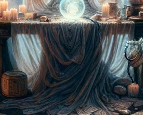 L'image d'une boule de cristal, entourée de symboles mystiques et d'éléments évoquant la pratique des oracles. Cette image capture l'atmosphère mystérieuse et la sagesse ancestrale associées aux oracles.