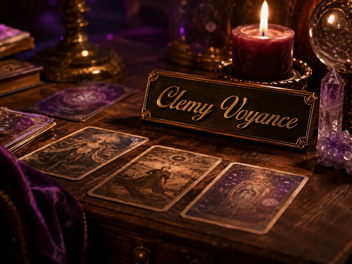 Table ancienne avec cartes divinatoires, bougie et ambiance améthyste