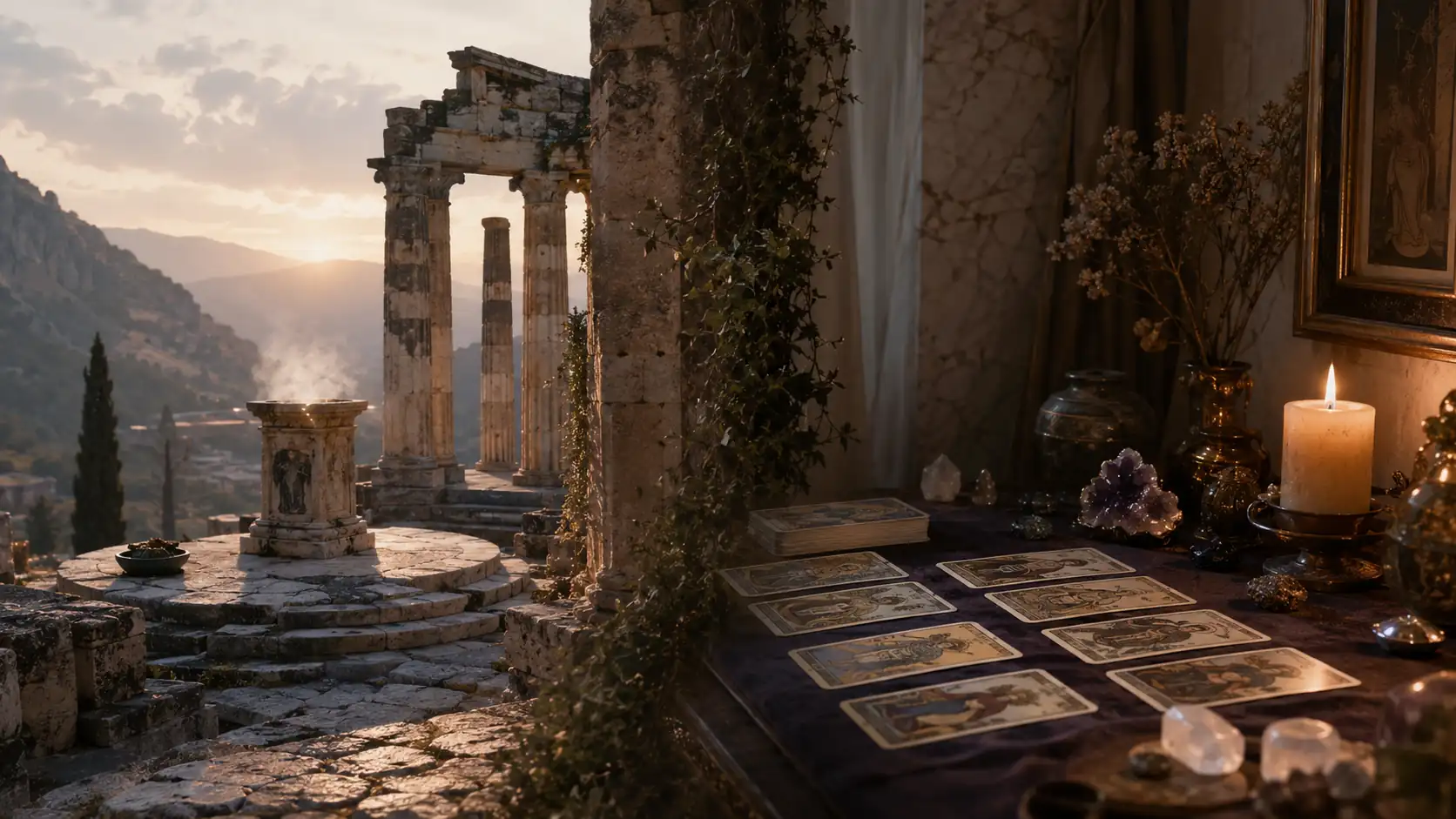 Illustration symbolique opposant un sanctuaire antique à une table de cartes contemporaine