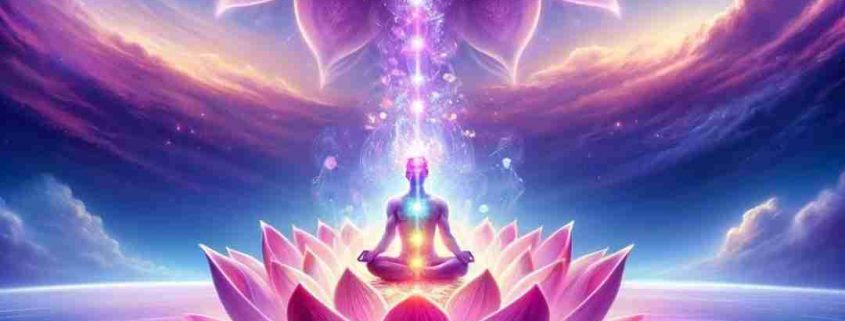 Image du chakra de la couronne, présentant une scène de transcendance spirituelle et de connexion avec le divin, soulignée par une transition sereine du violet au blanc dans le ciel et une personne en méditation au sommet d'un lotus en fleurs.