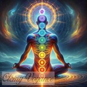 Image des 7 chakras du corps humain, représentés sous la forme de spirales d'énergie vibrantes et lumineuses alignées le long de la colonne vertébrale, de la base au sommet de la tête, chacune dans la couleur qui lui correspond. Cette représentation met l'accent sur l'interconnexion des domaines physique et spirituel par le biais du flux d'énergie au sein des chakras.