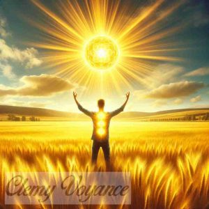 Image du chakra du plexus solaire, montrant une scène d'autonomisation et de force intérieure sous un ciel ensoleillé, avec une personne absorbant avec confiance l'énergie du soleil.