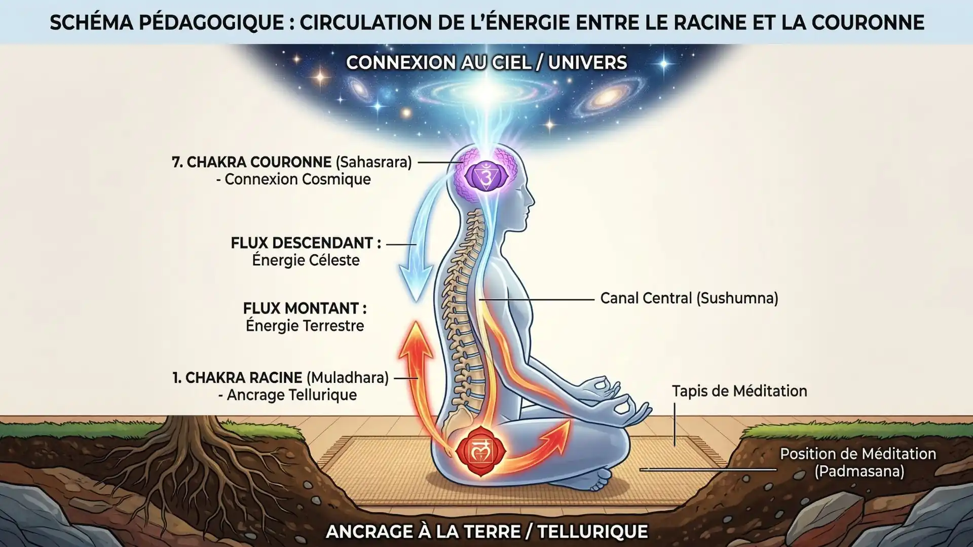 Zoom schéma circulation énergétique racine couronne