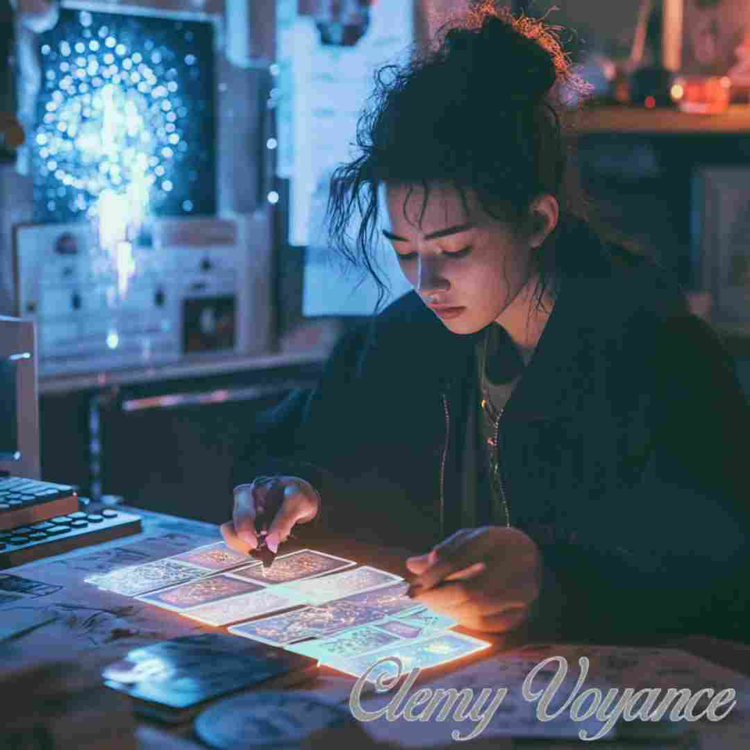 Une femme attentive, manipulant des cartes lumineuses sur une table dans une ambiance mystérieuse.