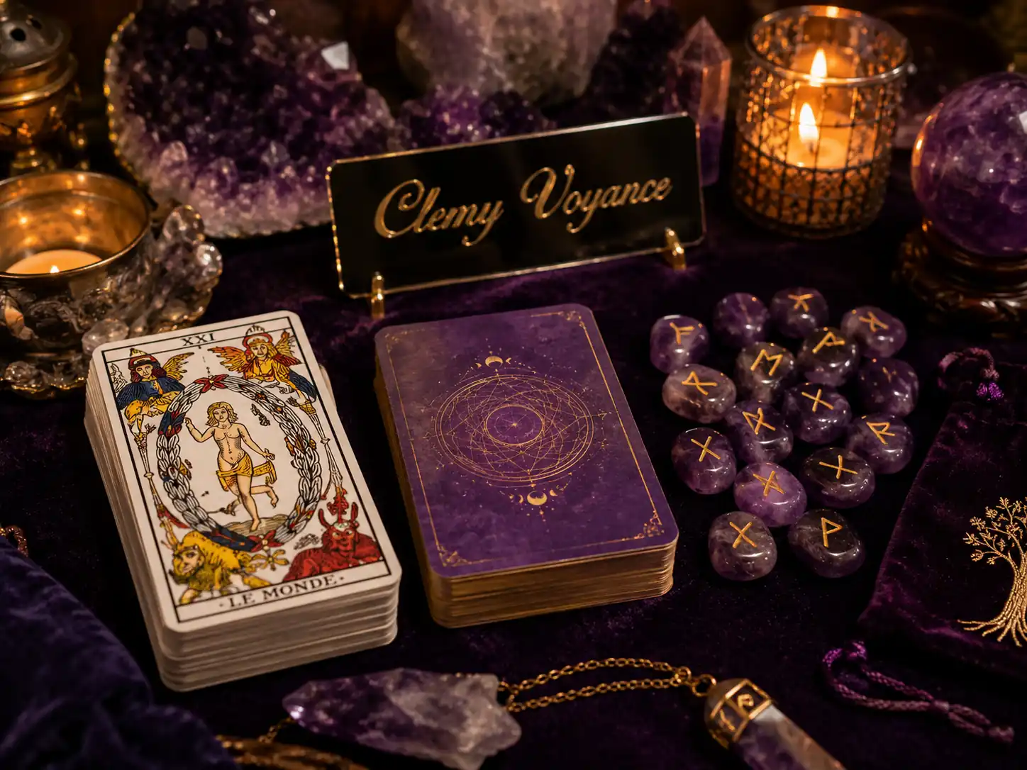 Tarot, jeu d'oracle et runes réunis sur une table, dans l'univers visuel de Clémy Voyance