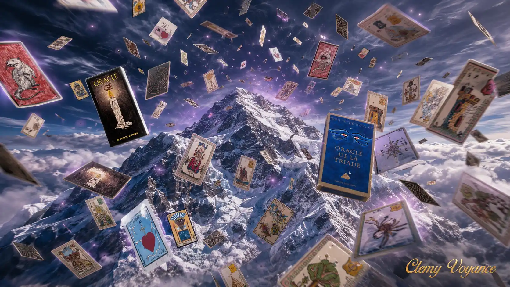 Différents jeux d'oracles présentés dans un montage illustré sur fond de montagne