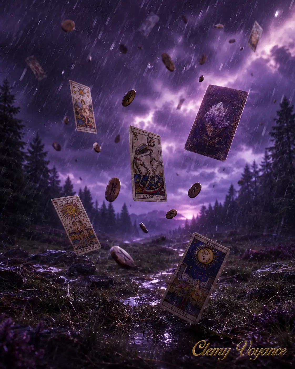 Cartes d’oracle disposées sur une table dans une ambiance améthyste