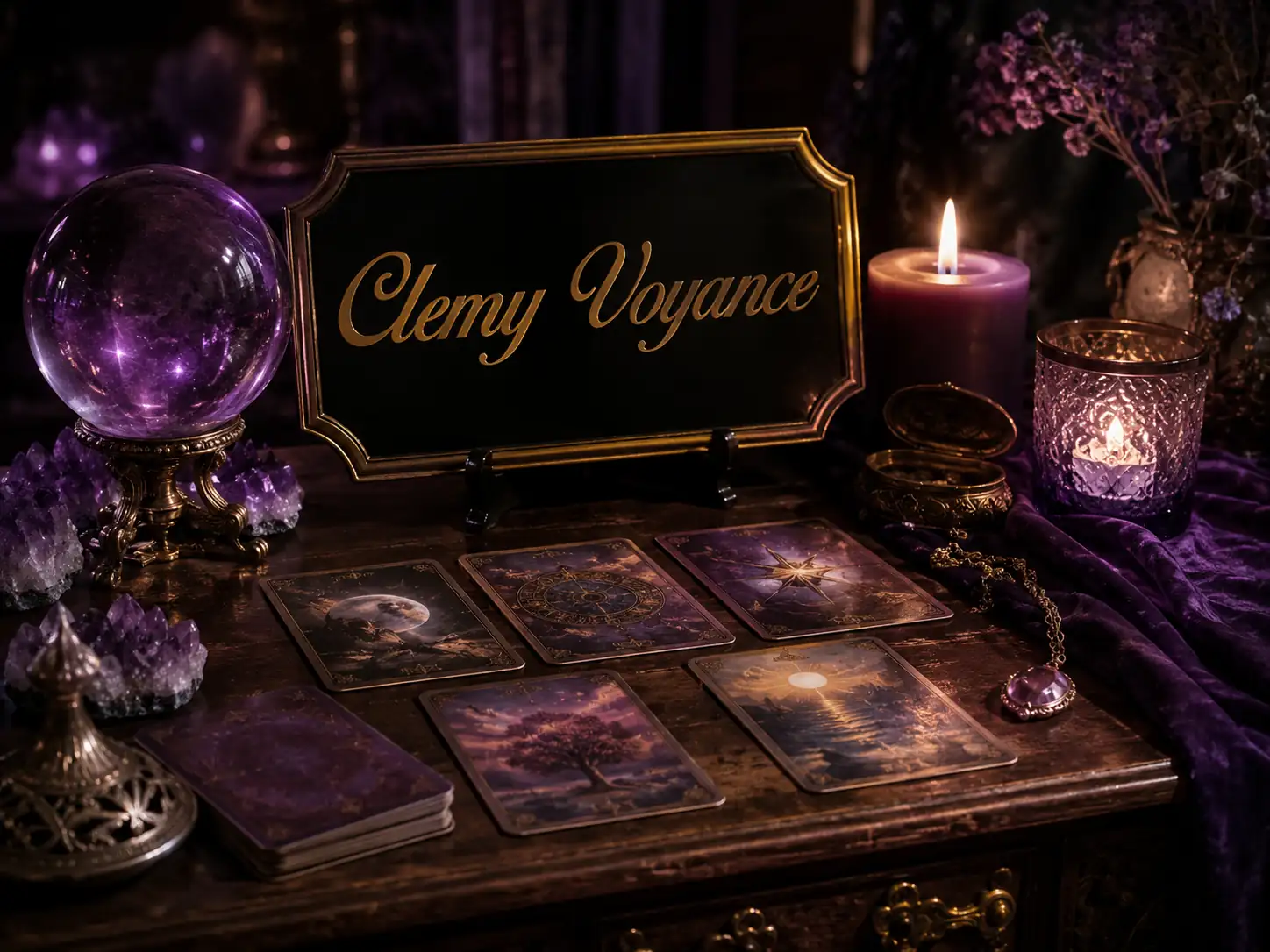 Illustration de cartes, bougies et d’une boule de cristal autour d’une plaque Clemy Voyance