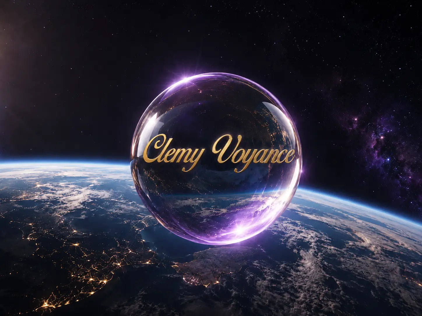 Une boule de cristal dans laquelle on lit : 'Clemy Voyance' au dessus de la terre, montrant que la voyance dépasse la compréhension de notre monde