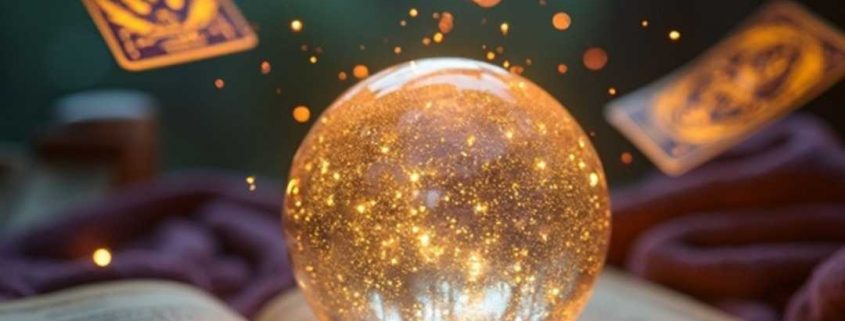 Une boule de cristal brillante flottant au-dessus d'un livre ouvert, entourée de cartes de tarot, représentant un test pour don de voyance basé sur la visualisation et la concentration.