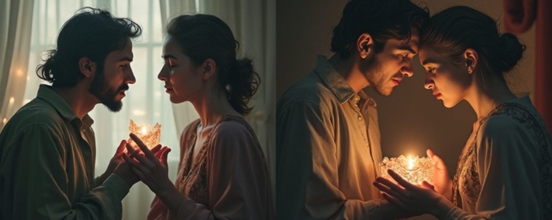 Un collage romantique illustrant des couples tenant une lumière douce entre leurs mains. Chaque scène capture des moments intimes entre deux personnes partageant un lien émotionnel, dans une ambiance chaleureuse et tamisée. Des lumières floues ajoutent une touche magique aux images.