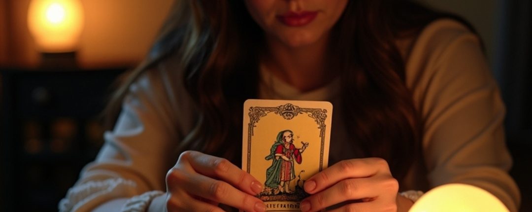 Une femme concentrée tient une carte de tarot dans ses mains lors d'une séance de voyance intime. Devant elle, une boule de cristal lumineuse éclaire doucement l'espace, accompagné d'un téléphone posé sur la table décorée. L'atmosphère est apaisante, avec des lumières tamisées en arrière-plan.