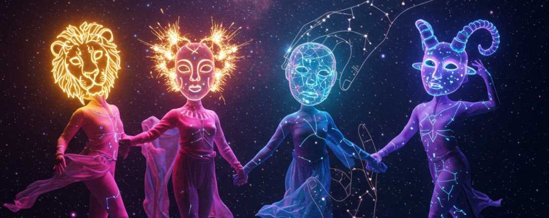 Danse céleste des signes astrologiques : fusion mystique entre le Lion, le Verseau, le Capricorne et les constellations du printemps 2025.