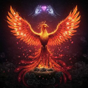 Renaissance amoureuse sous les astres : un phénix astral portant les 12 signes du zodiaque s’élève vers l’amour karmique du printemps 2025.