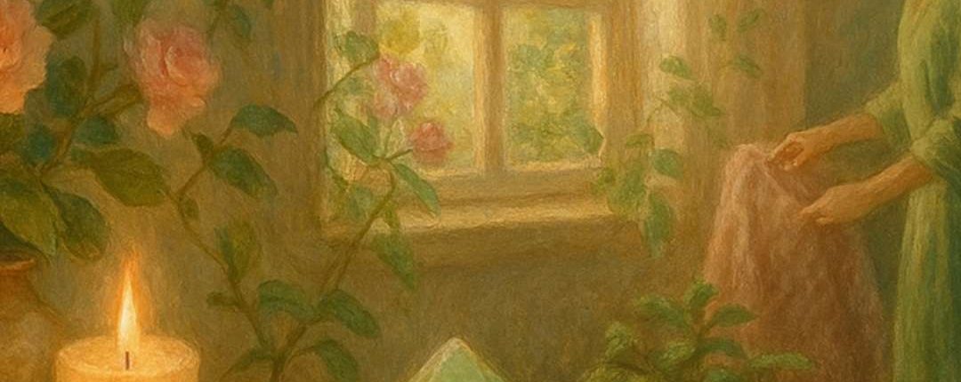 Scène apaisante avec bougies, cristaux et fleurs roses, représentant l’énergie douce et enracinée du Taureau qui succède à l’intensité du Bélier. Une femme ajuste son espace sacré pour harmoniser son intérieur à cette transition.