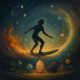 Silhouette de surfeur glissant sur une vague cosmique entre lunes et étoiles, illustrant avec poésie la capacité à naviguer entre les impulsions du Bélier et la stabilité du Taureau. Les cristaux au premier plan renforcent l’alignement énergétique.