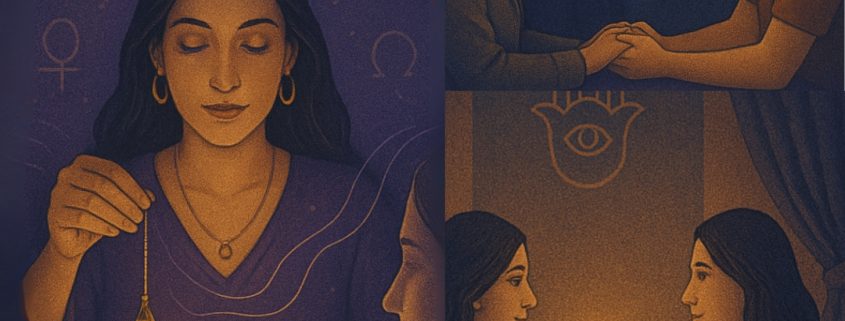 Triptyque montrant une voyante à l’écoute, utilisant des outils traditionnels et accompagnant un client dans la durée.