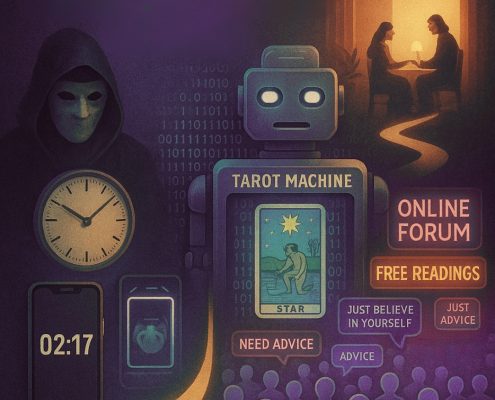 Illustration d’un robot tarologue, d’un masque et d’un forum générique représentant la voyance gratuite impersonnelle en 2025.