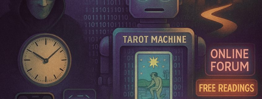 Illustration d’un robot tarologue, d’un masque et d’un forum générique représentant la voyance gratuite impersonnelle en 2025.