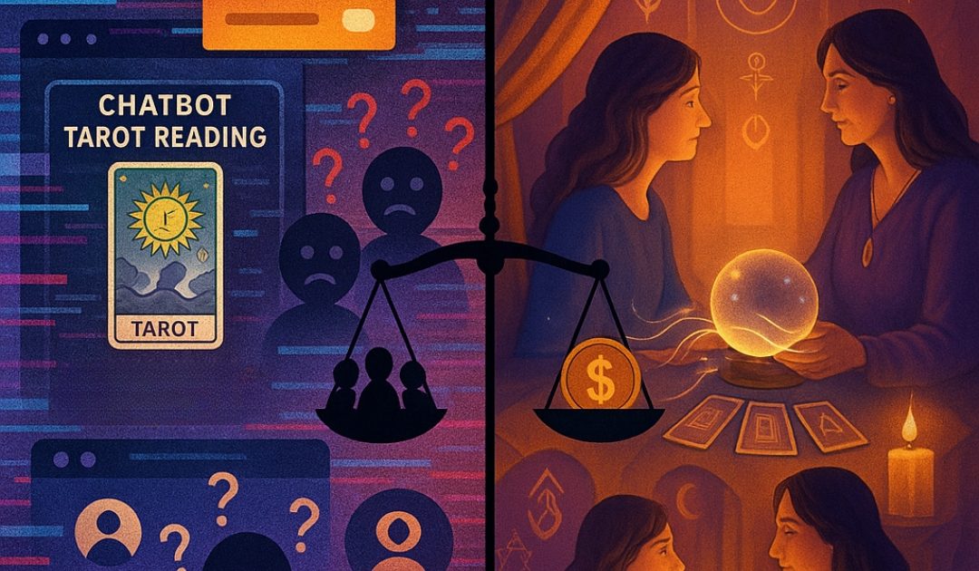 Illustration en contraste entre une voyance gratuite chaotique et une consultation privée chaleureuse, avec une balance au centre.