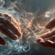 Deux mains – l’une âgée, l’autre plus jeune – se tendent l’une vers l’autre à travers une brume ou une fumée lumineuse, sans jamais se toucher tout à fait. L’image symbolise la connexion entre générations, la transmission des secrets ou l’envie d’un dialogue apaisé.