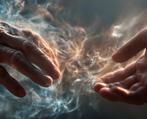 Deux mains – l’une âgée, l’autre plus jeune – se tendent l’une vers l’autre à travers une brume ou une fumée lumineuse, sans jamais se toucher tout à fait. L’image symbolise la connexion entre générations, la transmission des secrets ou l’envie d’un dialogue apaisé.