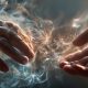 Deux mains – l’une âgée, l’autre plus jeune – se tendent l’une vers l’autre à travers une brume ou une fumée lumineuse, sans jamais se toucher tout à fait. L’image symbolise la connexion entre générations, la transmission des secrets ou l’envie d’un dialogue apaisé.