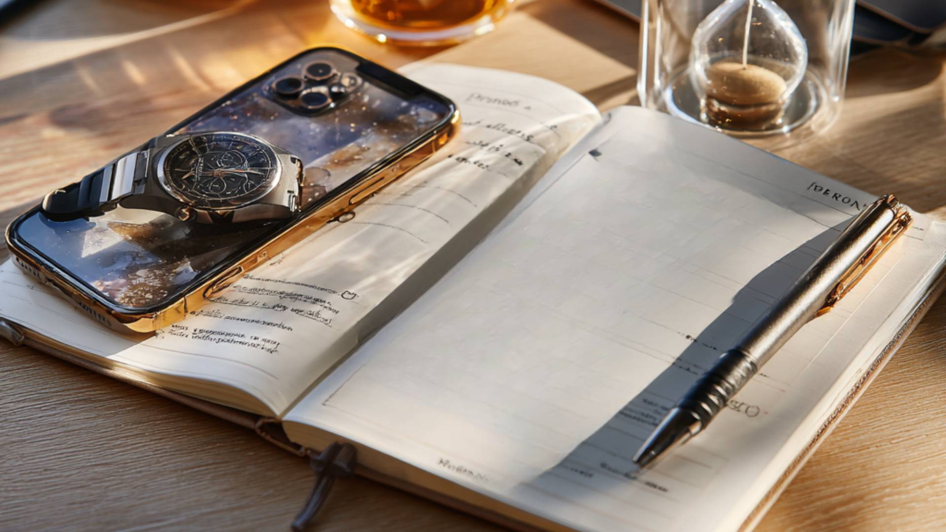 Montre posée sur un téléphone, carnet ouvert, sablier et stylo – organisation d’une séance de voyance à distance