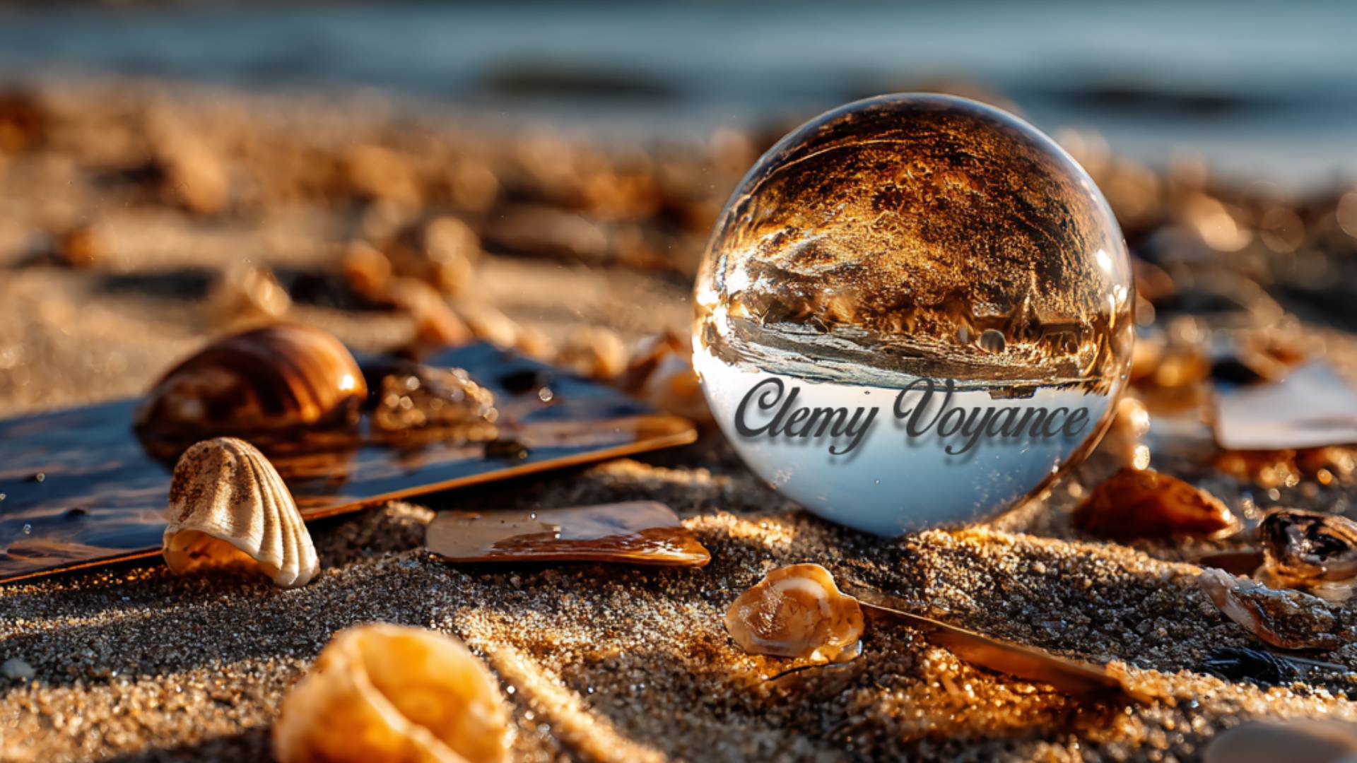 Boule de cristal entourée de coquillages sur le sable – Clemy Voyance